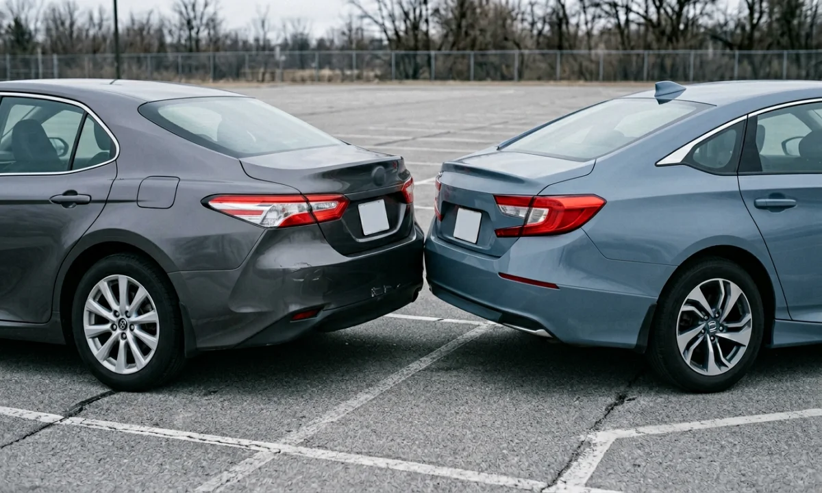 Dwa pojazdy na parkingu, neutralna scena do tematu dokumentacji, 1200x720 px, WebP