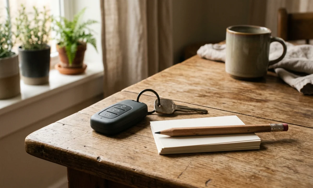 Kluczyki i lista zasad na stole w domu, 1200x720 px, WebP