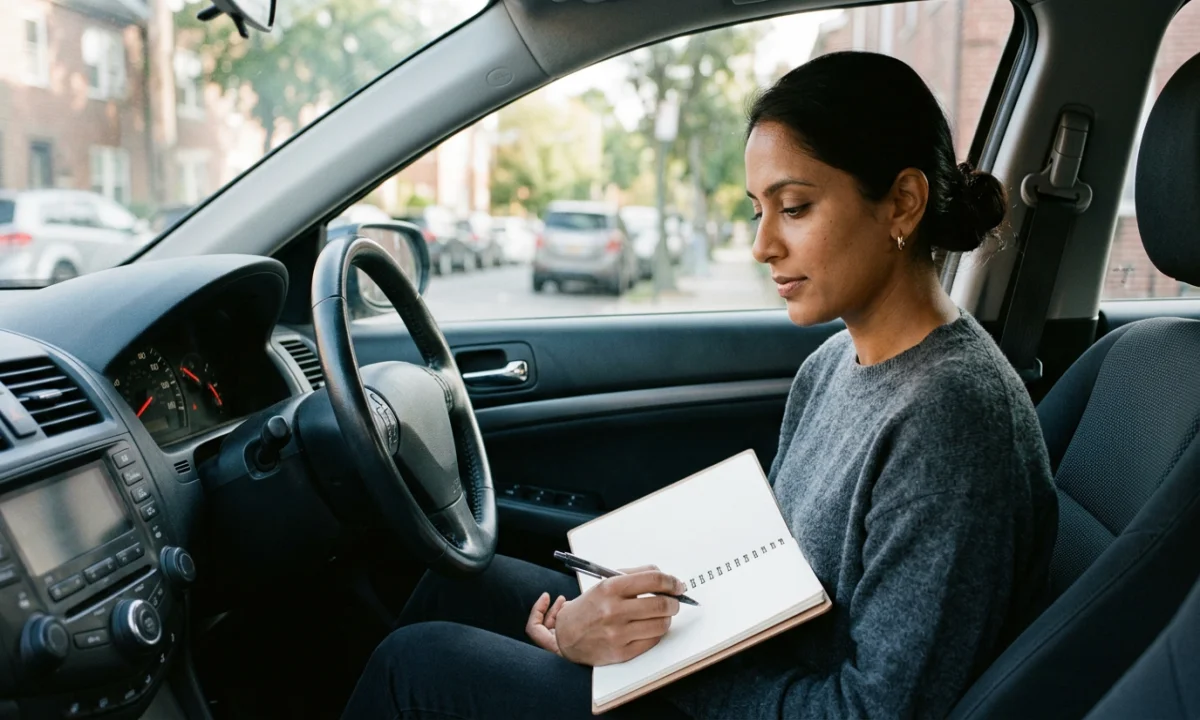 Kierowca notuje obserwacje po jeździe, miniatura artykułu o nawykach, 1200x720 px, WebP