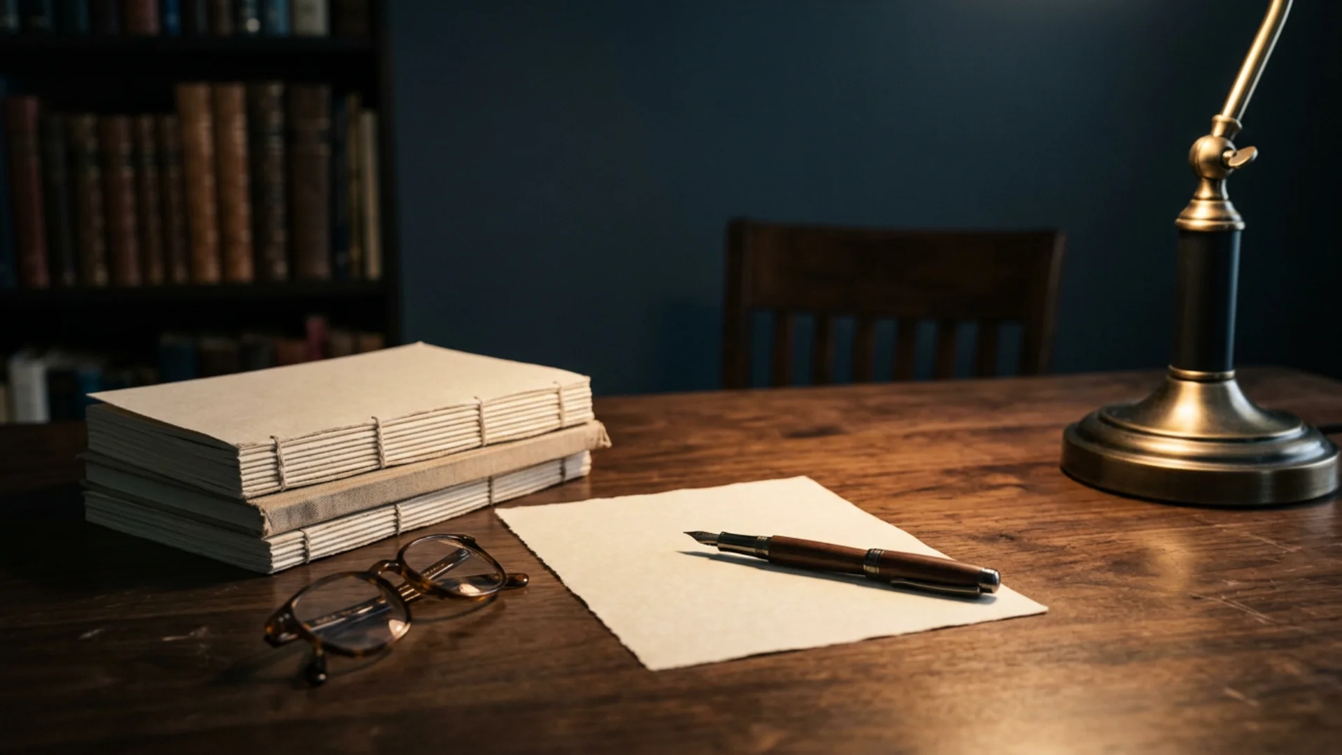 Układ notatek i zeszytu na tle stonowanego biurka, hero sekcji Materiały, 1920x1080 px, WebP