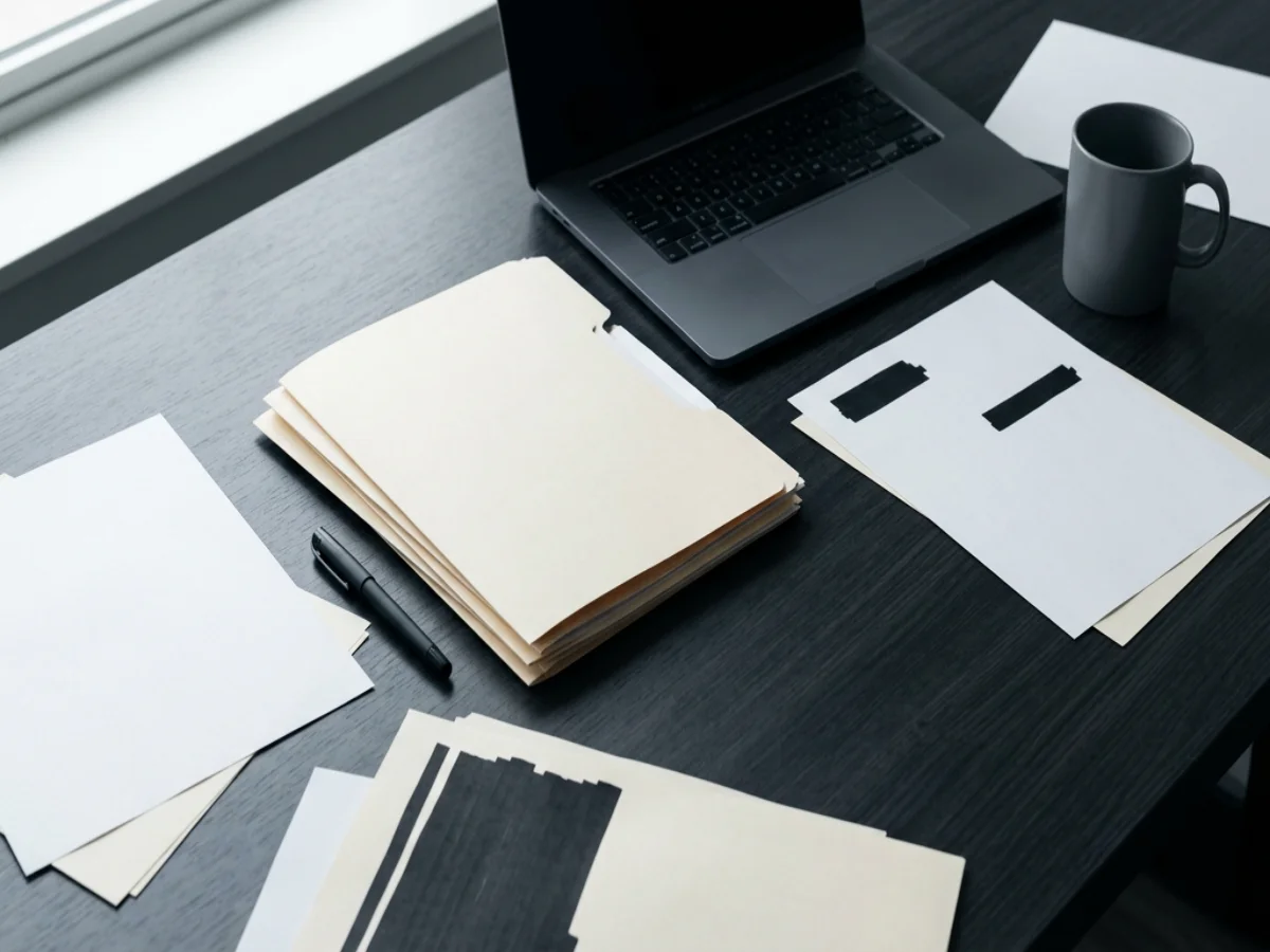 Stanowisko pracy z notatkami i dokumentem polisy, ilustracja procesu redakcyjnego, 1200x900 px, WebP