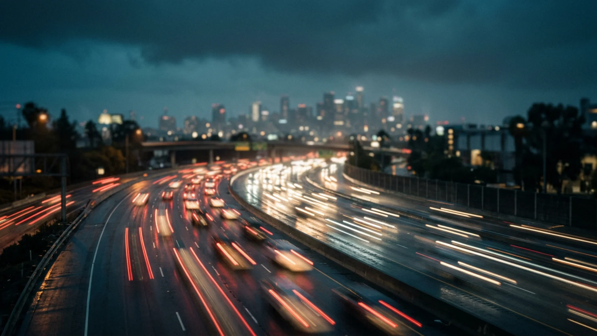 Abstrakcyjna kompozycja drogi i świateł miasta, tło hero strony O projekcie, 1920x1080 px, WebP