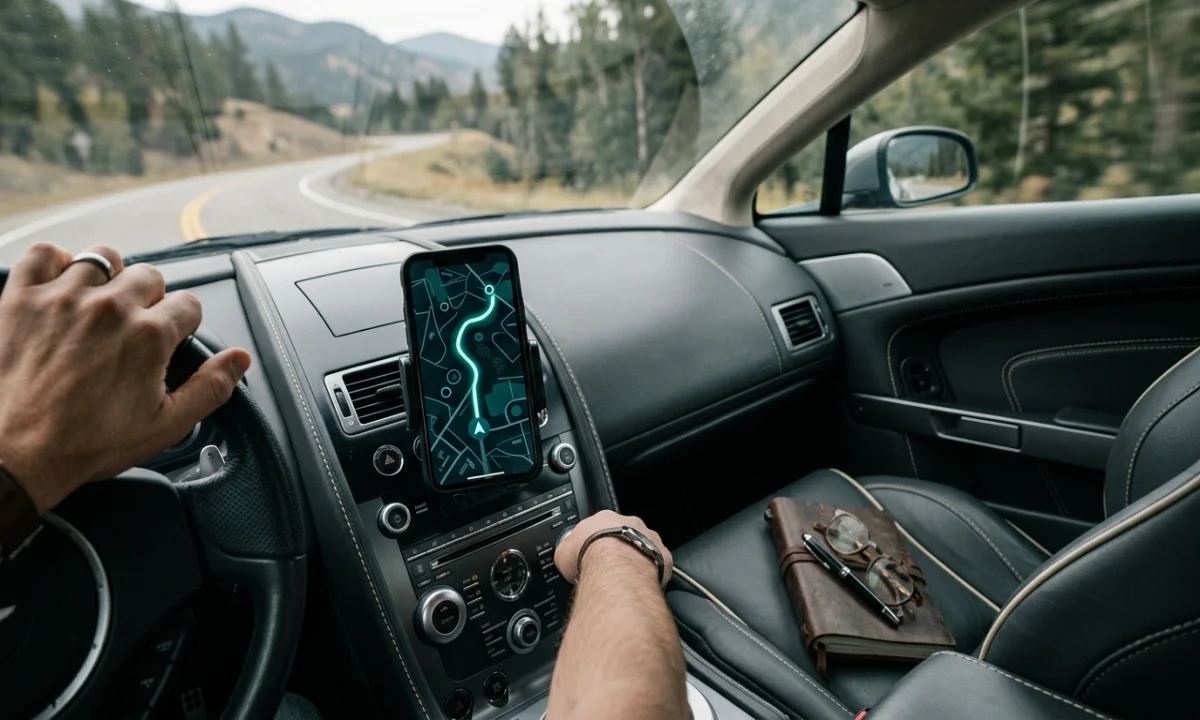 Mapa drogowa na ekranie i notatnik obok kierownicy, 1200x720 px, WebP