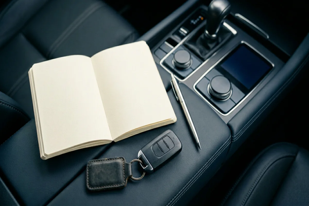 Notatnik z planem trasy obok kluczyków na konsoli, ilustracja sekcji ścieżki uczestnika, 1200x800 px, WebP